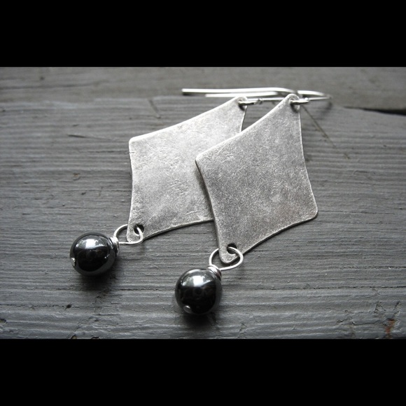 New Hematite Stone Earrings , Handmade Metalwork - Picture 2 of 4